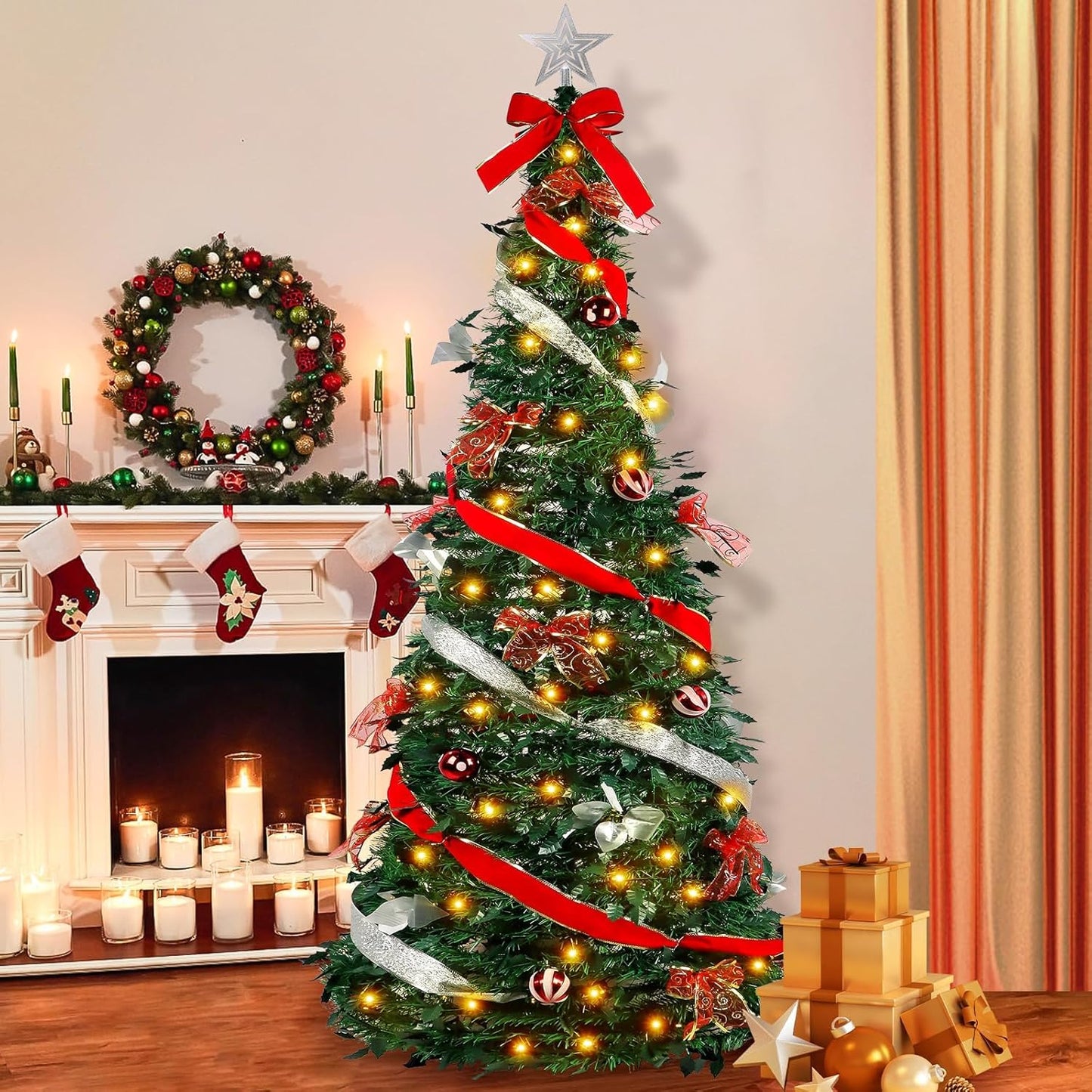 6 FT Pop up Christmas Tree, Xmas Collapsible Christmas Tree with Christmas Ball Bows Ribbon Pull up Christmas Tree Ornaments for Home Party Fireplace Indoor Decoration